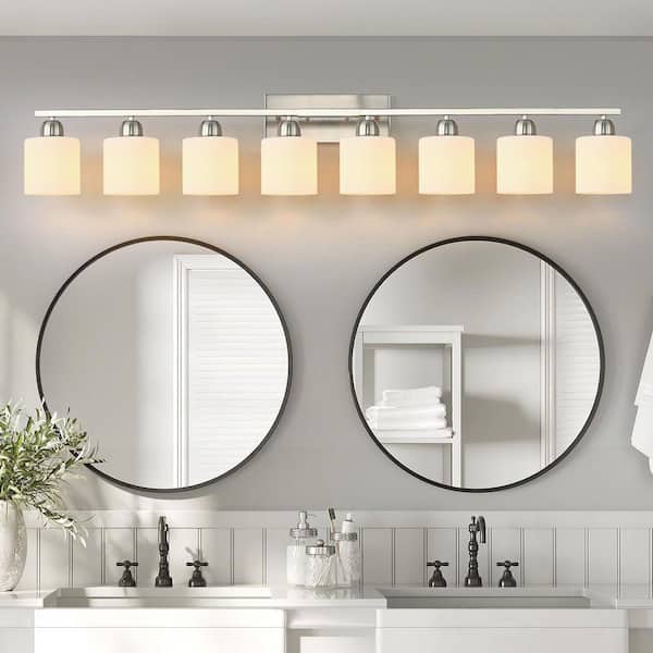 52 in. W 8-Light Nickel Vanity Light with Frosted Glass Shades, Up/Down Mount for Mirror, Hallway (No Bulb included)