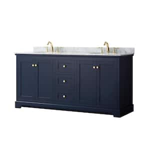 Avery 72 in. W x 22 in. D Bathroom Vanity in Dark Blue with Marble Vanity Top in White Carrara with White Basins