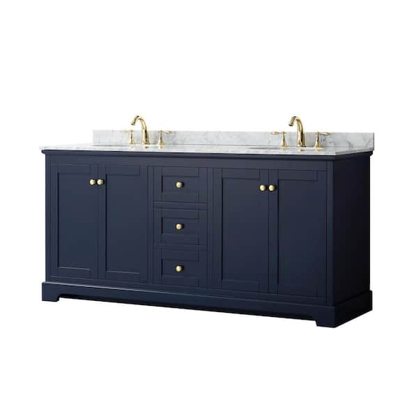 Wyndham Collection Avery 72 in. W x 22 in. D Bathroom Vanity in Dark Blue with Marble Vanity Top in White Carrara with White Basins