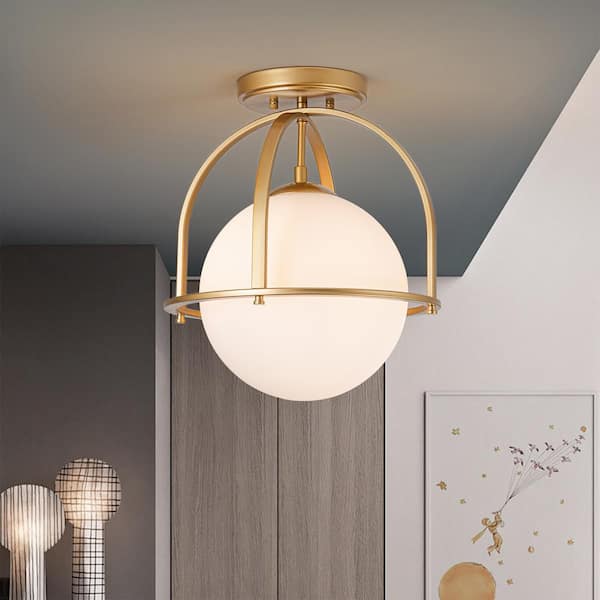 EDISLIVE Fragoso 12.91 in. 1-Light Gold Semi Flush Mount Light with Opal Glass