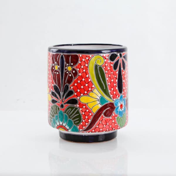 Unbranded Medium Tall Cylinder 10 in. W x 12 in. H Talavera Indoor Ceramic Decorative Pot