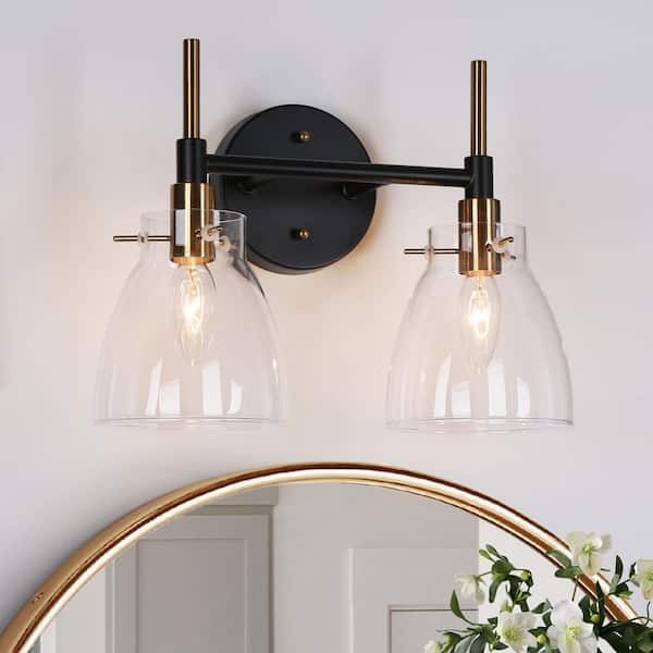 13 in. 2-Light Black Bathroom Vanity Light, Mid-Century Modern Bath Lighting, Brass Gold Wall Sconce with Clear Glass