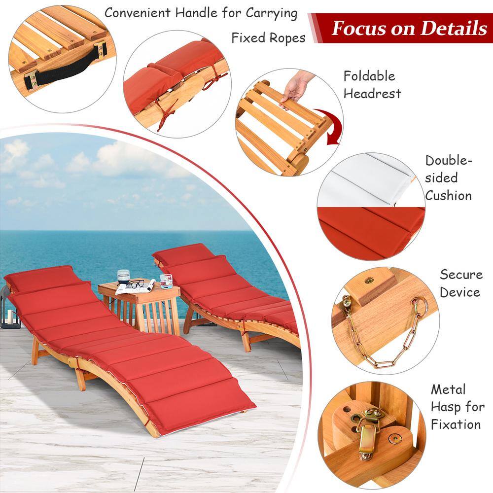 Eucalyptus Wood Lounge Chair Set with Red and White Cushions