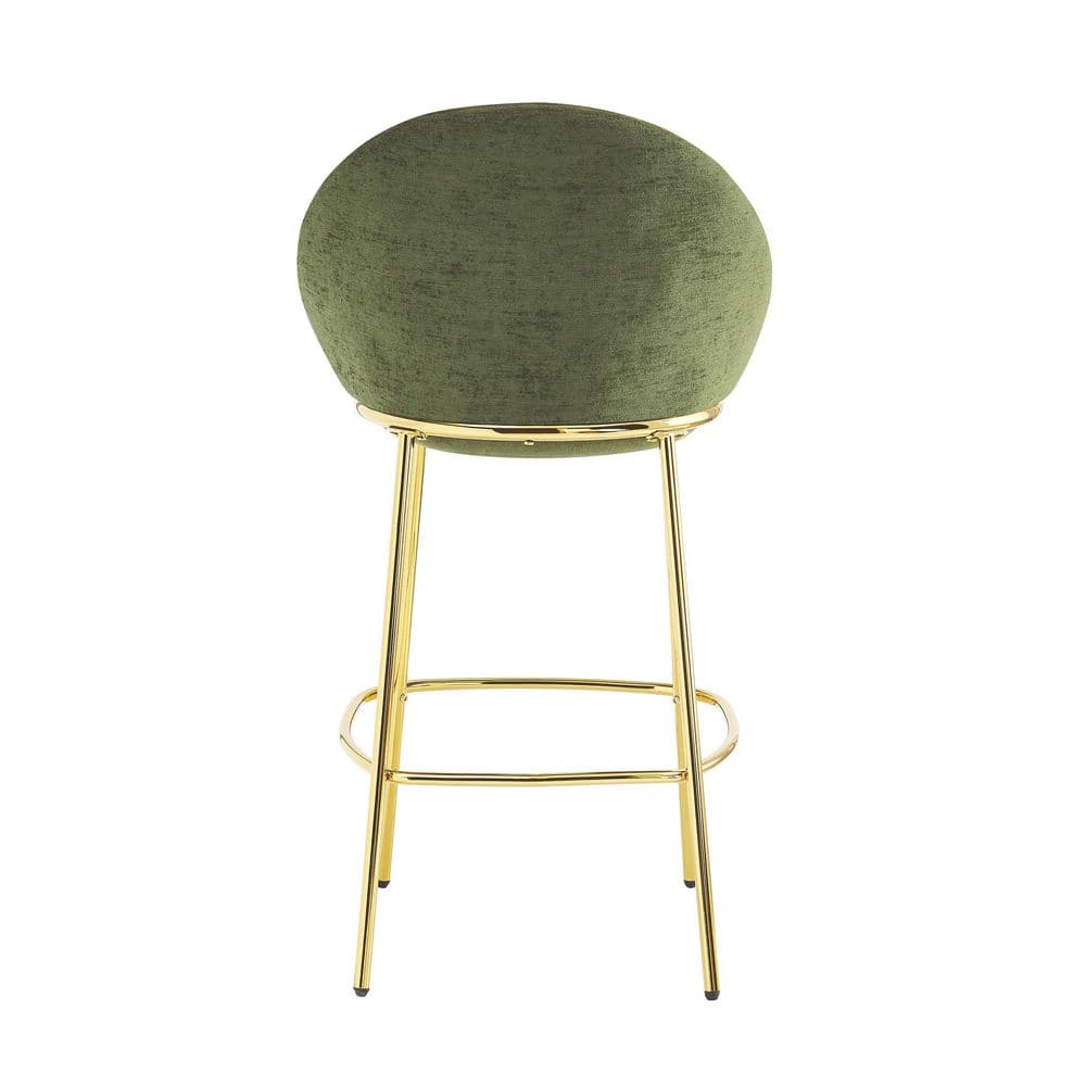 Front view of a green velvet bar stool with gold metal legs.