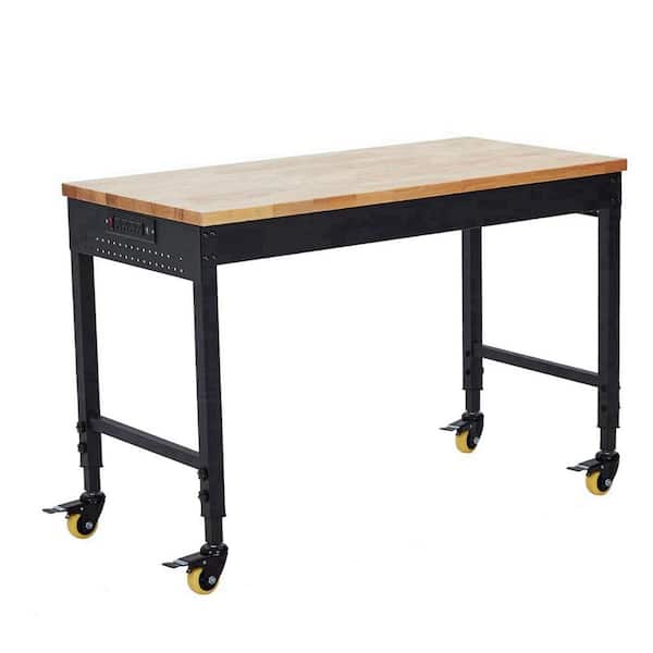 Heavy Duty 72 in. W x 25 in. D Black Steel Mobile Workbench with Rubberwood Top, AC Outlets and USB Ports
