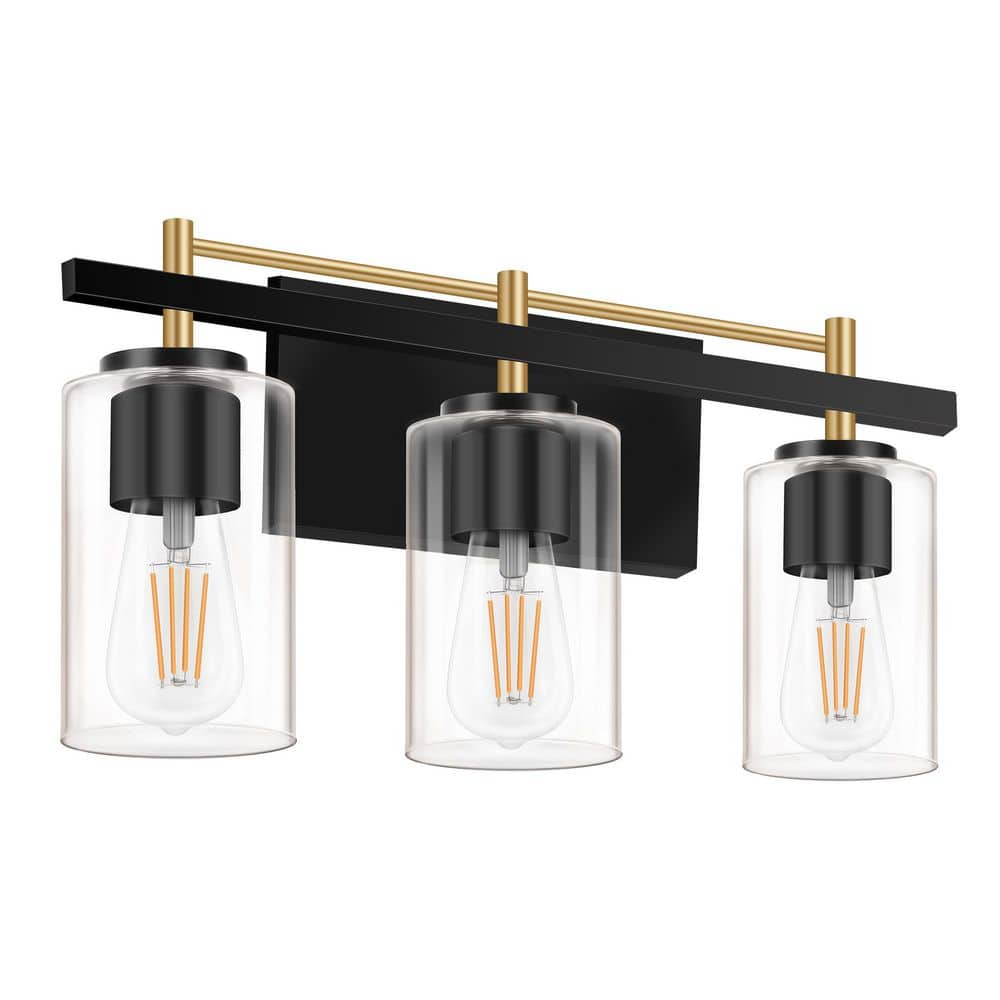 17.32 in. 3-Light Matte Black and Gold Modern Bathroom Vanity Light with Clear Cylinder Glass Shade price history on PriceWatchPro
