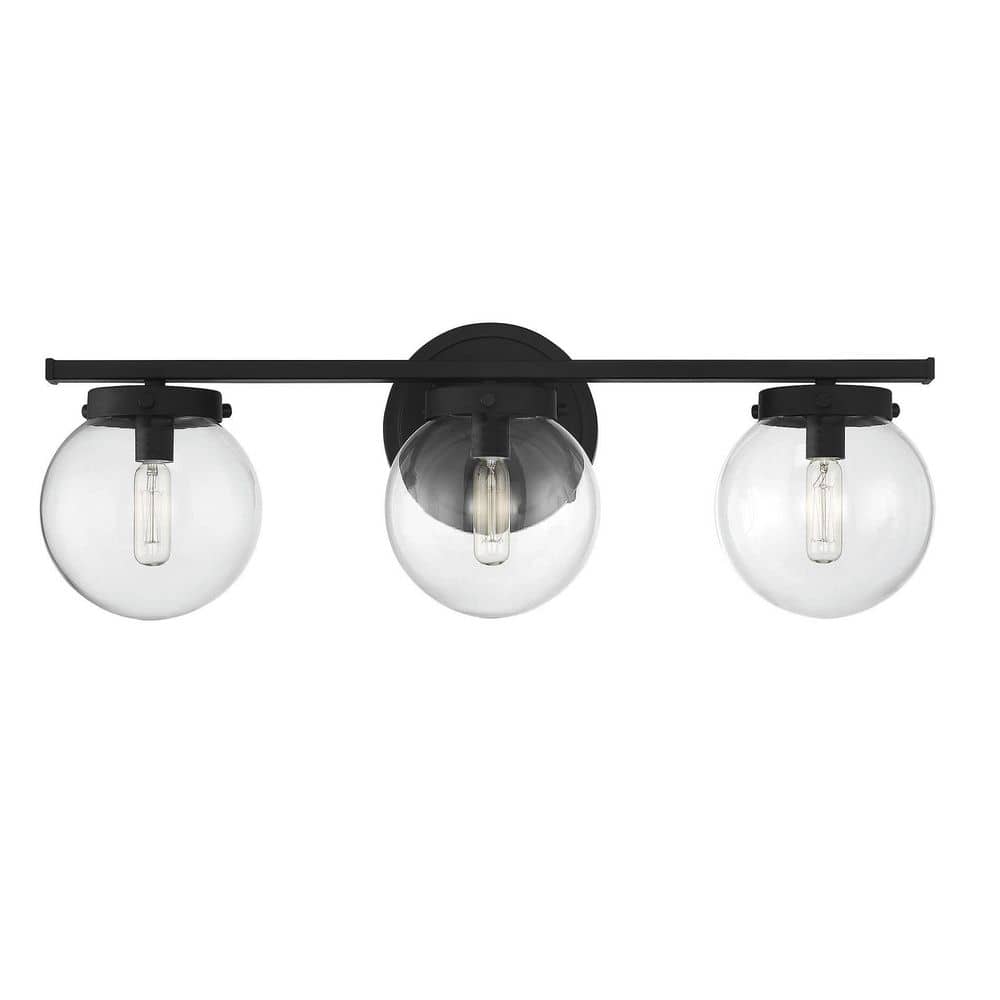 Matte Black Steel 3-Light Vanity with Clear Glass Shades