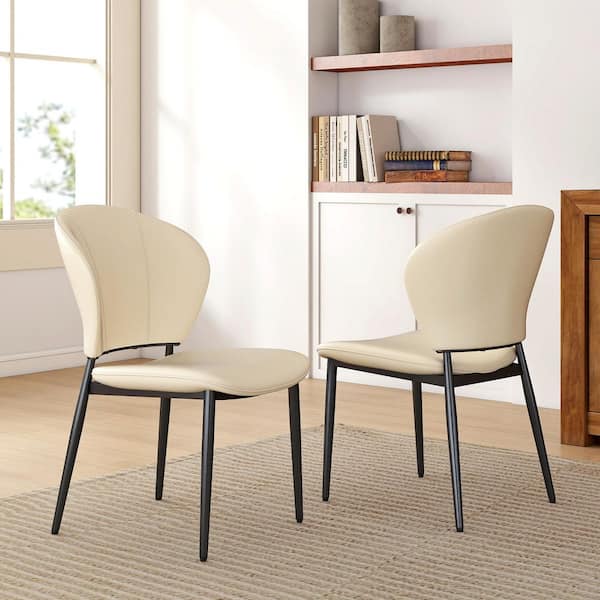 Beige Microfiber Leather Dining Chair (Set of 2), Upholstered Side Chairs with Metal Legs for Dining Room