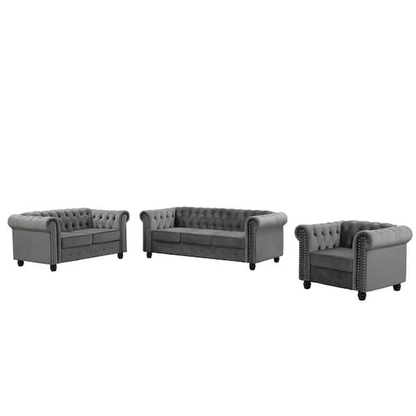 Morden Fort Velvet Couches for Living Room Sets, Chair, loveseat and Sofa 3 Pieces Top in Gray