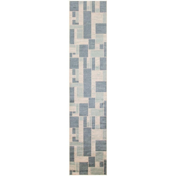 Nourison Astra Machine Washable Blue Ivory 2 ft. x 8 ft. Geometric Contemporary Runner Area Rug