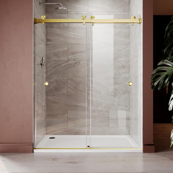 UKD01 56 to 60 in. W x 76 in. H Double Sliding Frameless Shower Door in Satin Brass, EnduroShield 3/8 in. Clear Glass