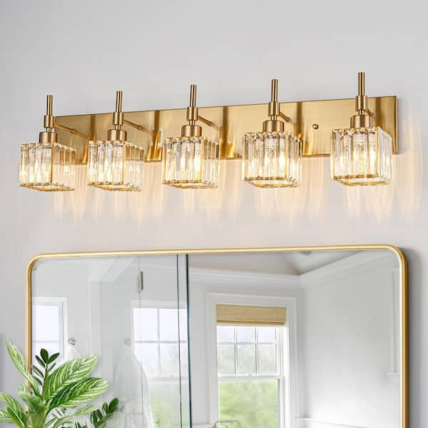 Orillia 33.1 in. 5-Light Gold Crystal Bathroom Vanity Light with Shades for Bathroom Powder Room Kitchen