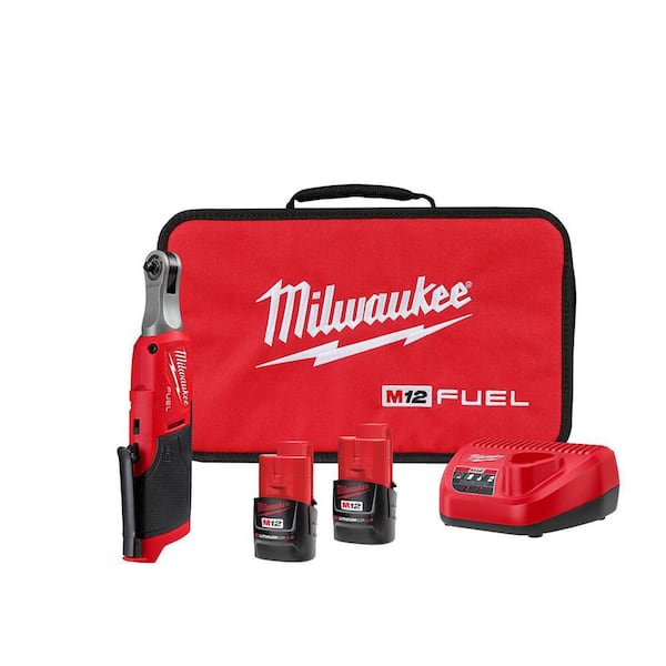 Milwaukee M12 FUEL 12V Lithium-Ion Brushless Cordless High Speed 1/4 in. Ratchet Kit w/(2) Batteries, Charger and Bag