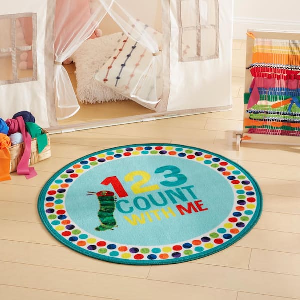 Elementary 123 Count with Me Blue/White 3 ft. Educational Round Area Rug