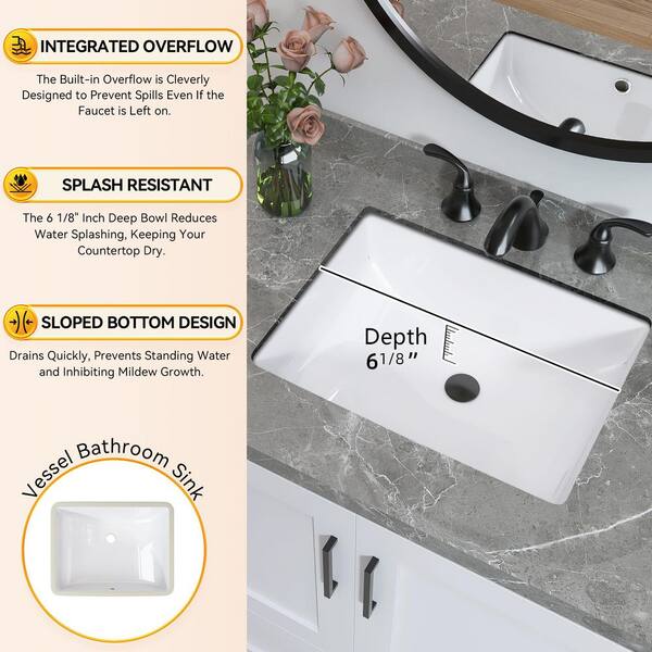 18 in. Undermount Rectangular Small Bathroom Sink with Overflow in White Ceramic Under Counter Bathroom Sinks