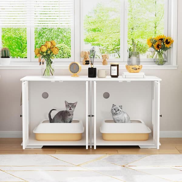 Cat Litter Box Enclosure for 2 Cats, Modern Hidden Litter Box Furniture, Indoor Cat Washroom Bench for Living Room White