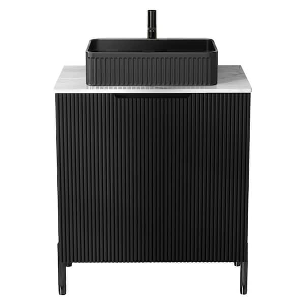 30 in. W Freestanding Black Bathroom Vanity with White Sintered Stone Top and Vessel Ceramic Sink