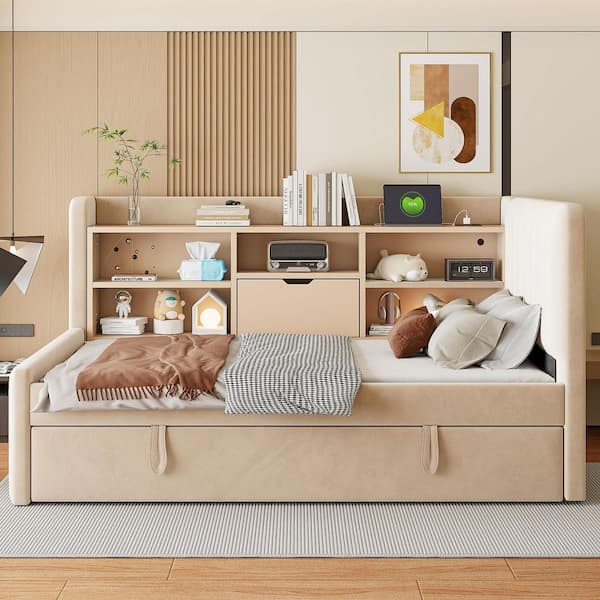 Beige Twin Size Daybed with Trundle, Storage Shelves, USB and Outlet