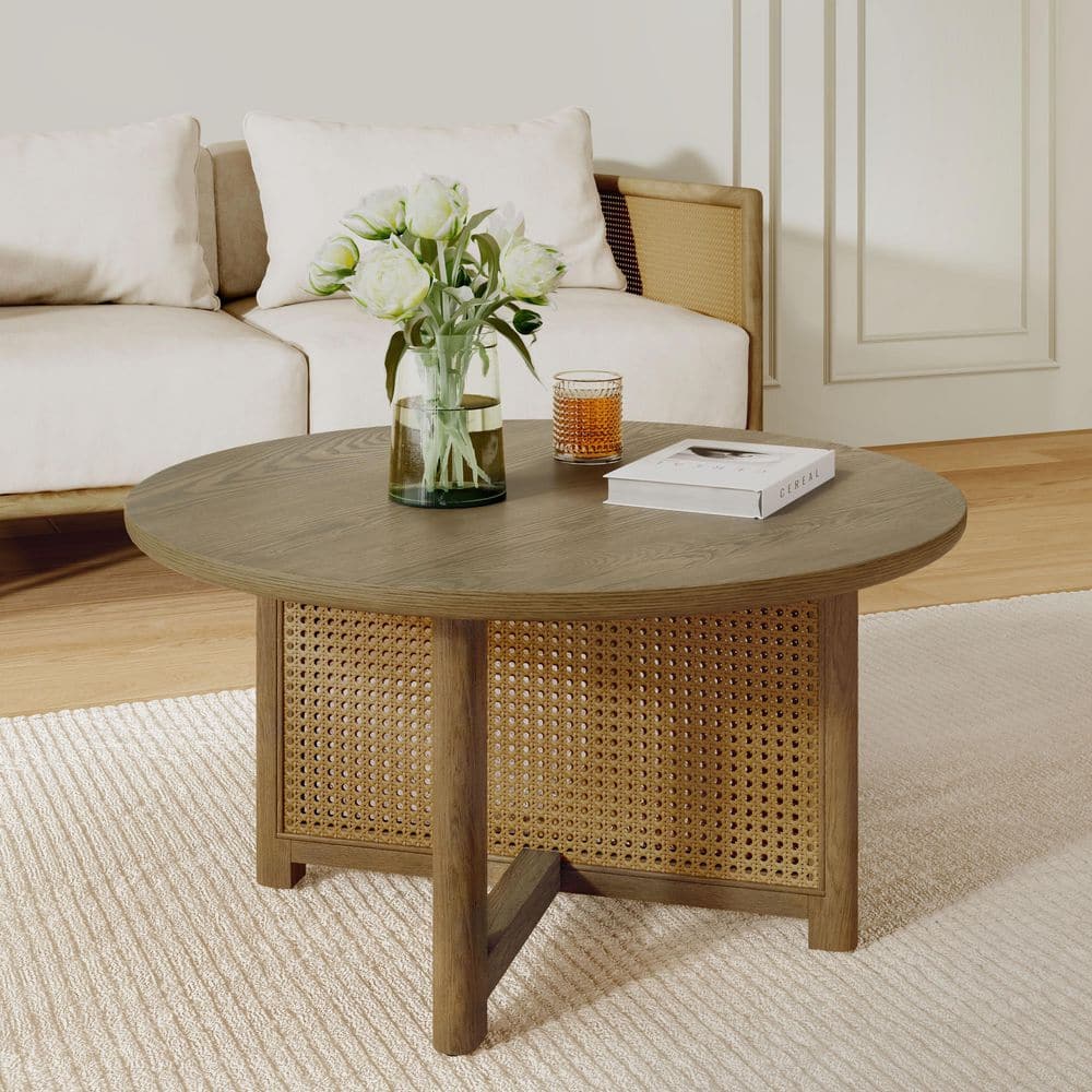Fenwick Rustic 32 in. Brown Round MDF Coffee Table with Solid Wood and Rattan Woven Base price history on PriceWatchPro