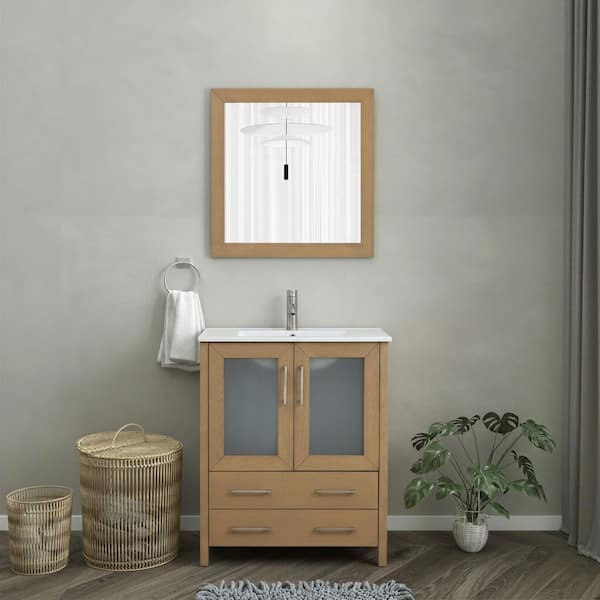 30 in. W x 18 in. D x 36 in. H Natural Oak Bath Vanity with White Ceramic Top and Mirror