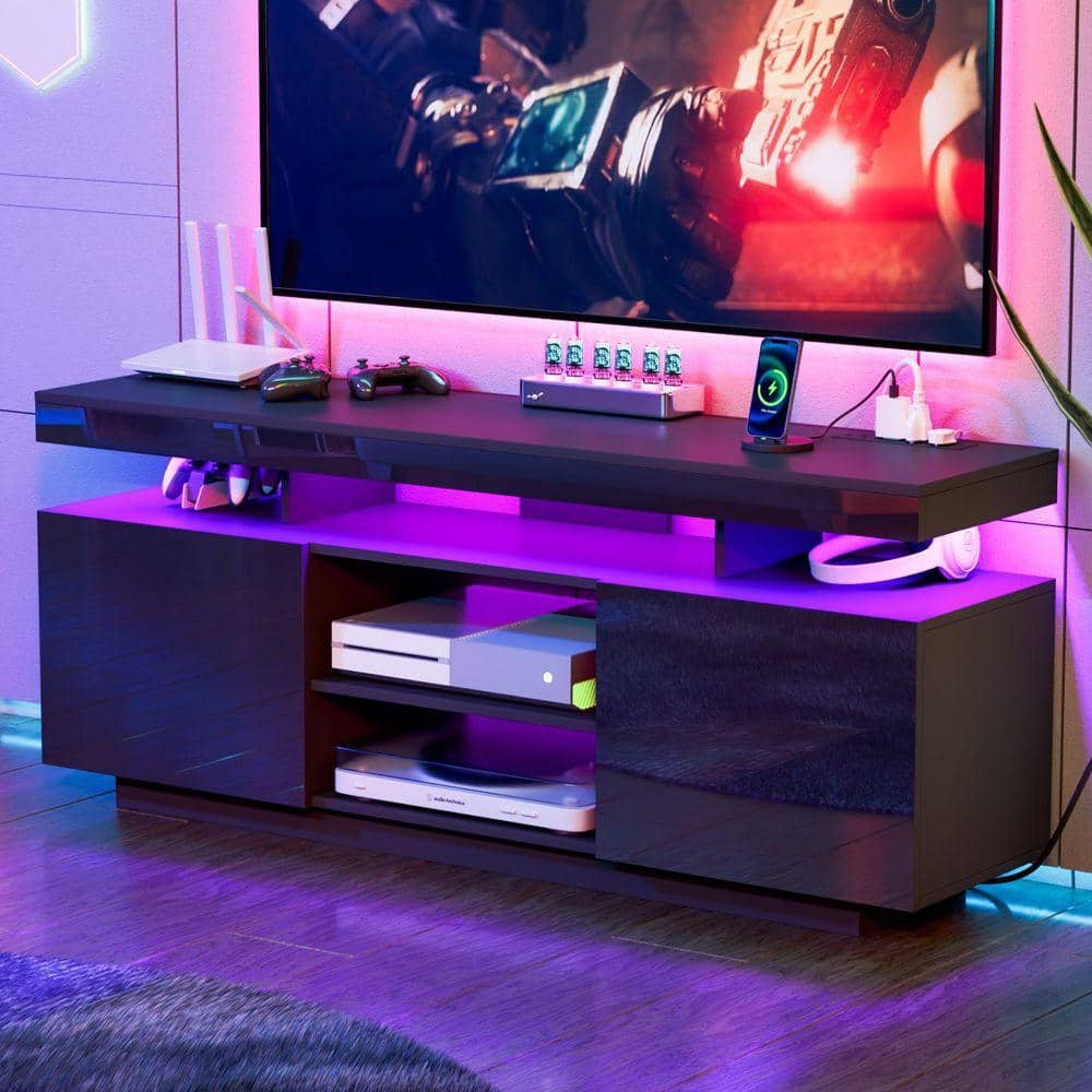 55.1 in. Modern Black TV Stand Fits TVs up to 65 in. with Outlets and RGB LED Light Strip