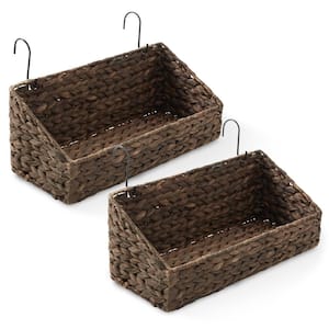 Brown Espresso 14.25 in. x 6 in. Wicker Hyacinth Hanging Decorative Baskets with Hooks, Wall Mount Storage, (Set of 2)