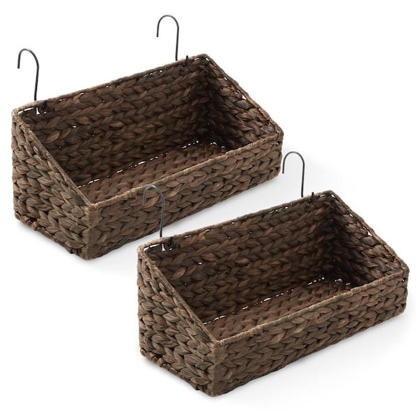 Casafield Brown Espresso 14.25 in. x 6 in. Wicker Hyacinth Hanging Decorative Baskets with Hooks, Wall Mount Storage, (Set of 2)