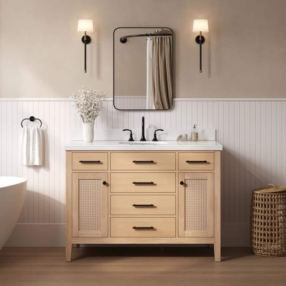 Camila 49" Light Brown Wood Single Sink Bathroom Vanity with White Quartz Top