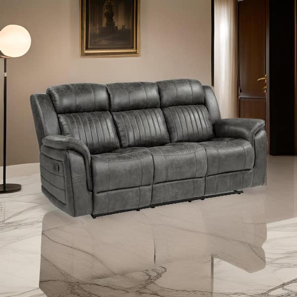 Benjara 83.5 in. Pillow Top Arm Microfiber Rectangle Manual Recliner Sofa in Brownish Gray