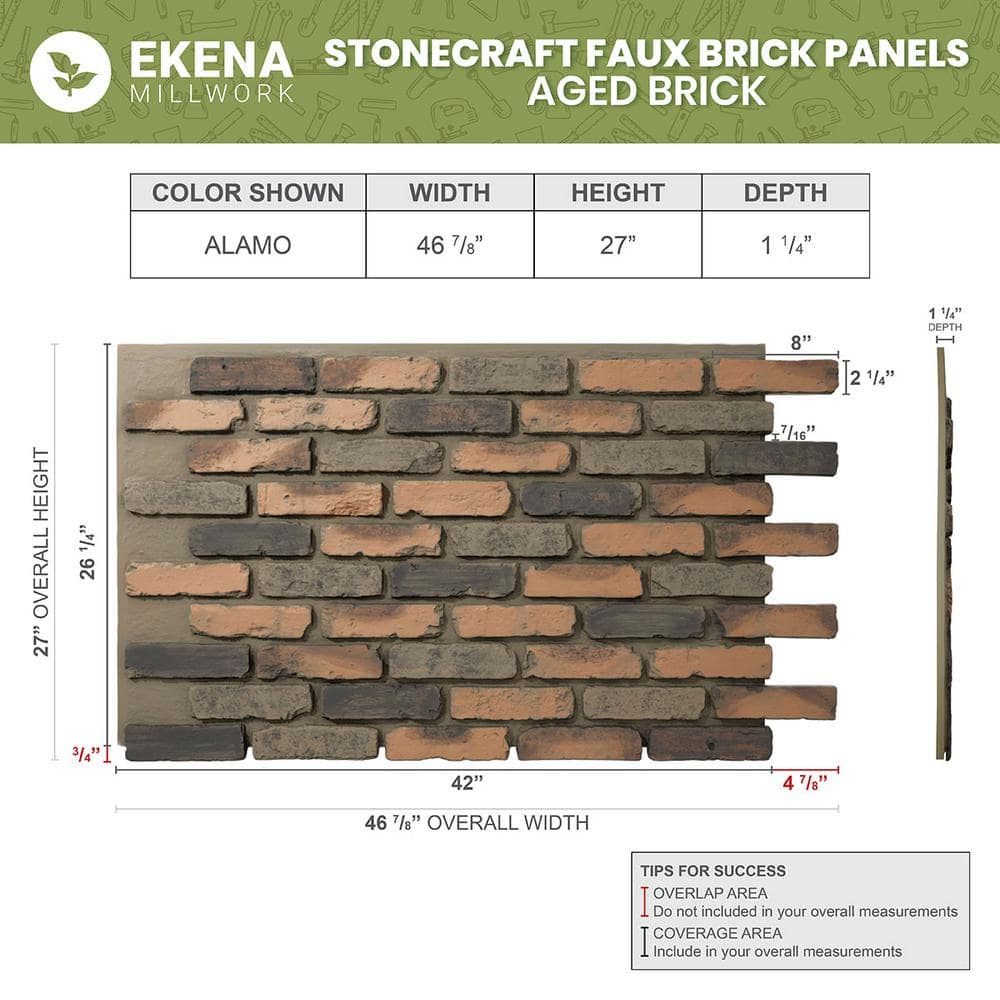 Alamo Aged Brick Faux Brick Panel, 46.875"W x 27"H
