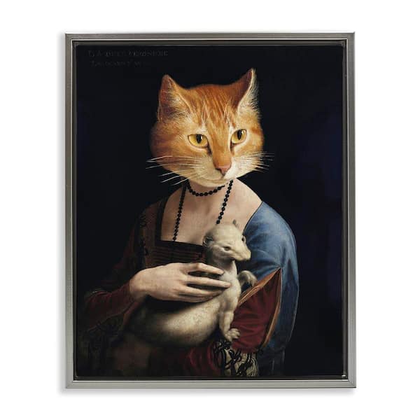 Stupell Industries Historical Portrait Cat by Alicia Longley Gray Floater Frame Abstract Graphic Art Print 31 in. x 25 in.