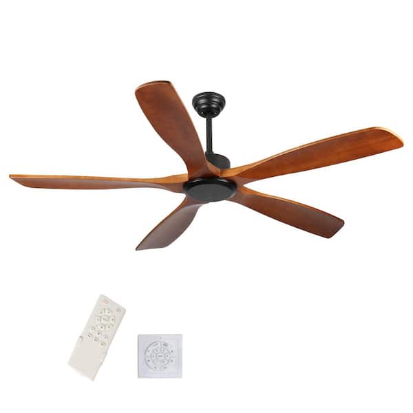 60 in. W Indoor/Outdoor Black Standard Downrod Mount Ceiling Fan with Wood Blades, Wall and Remote Control, No Light