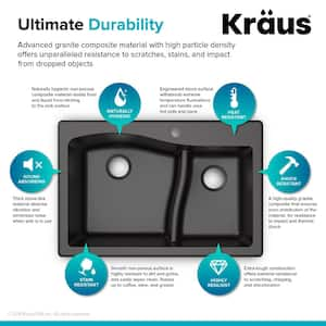 Quarza Drop-in/Undermount Granite Composite 33 in. 1-Hole 60/40 Double Bowl Kitchen Sink in Black