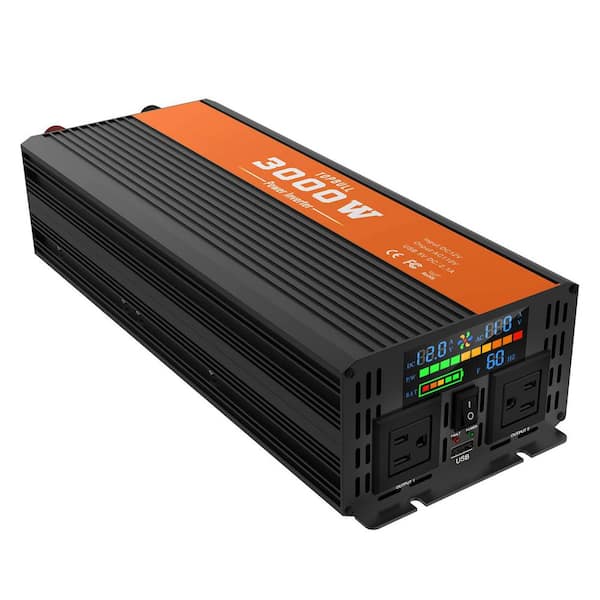 3000-Watt Modified Sine Wave Power Inverter, 12V DC to 110V AC Converter with LED Display, Dual AC Outlets, USB Port