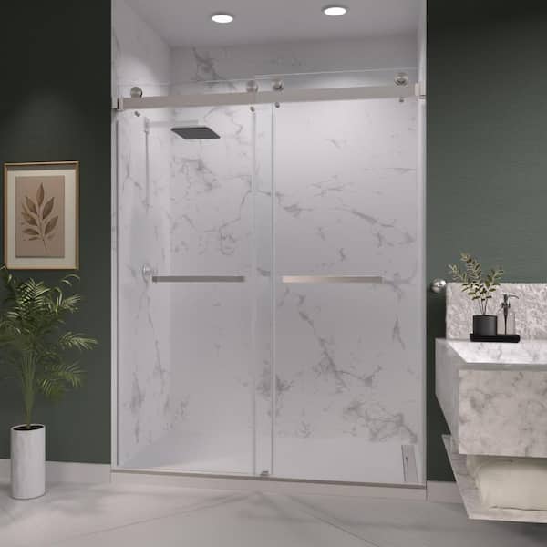 Catalyst 66 in. W x 76 in. H Double Sliding Frameless Shower Door in Brushed Nickel with 3/8 in. Clear Glass
