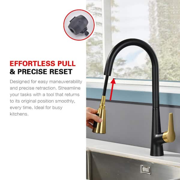 Hourglass Stream Touchless in Black & Gold 18.5 in Pull Down Sprayer Kitchen Faucet with 360 Degree Spout Swivel
