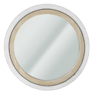 30 in. x 30 in. Rustic Whitewashed and Neutral Wood Framed Round Wall Mirror with Inlaid Rope