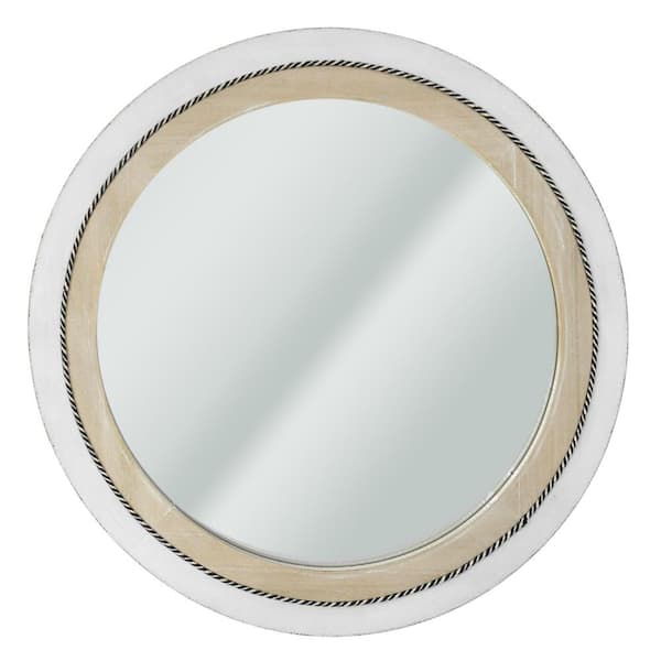 Deco Mirror 30 in. x 30 in. Rustic Whitewashed and Neutral Wood Framed Round Wall Mirror with Inlaid Rope