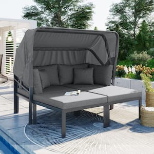 3-Piece Dark Gray Metal Outdoor Day Bed with Gray Cushions and Retractable Canopy for Patio Backyard