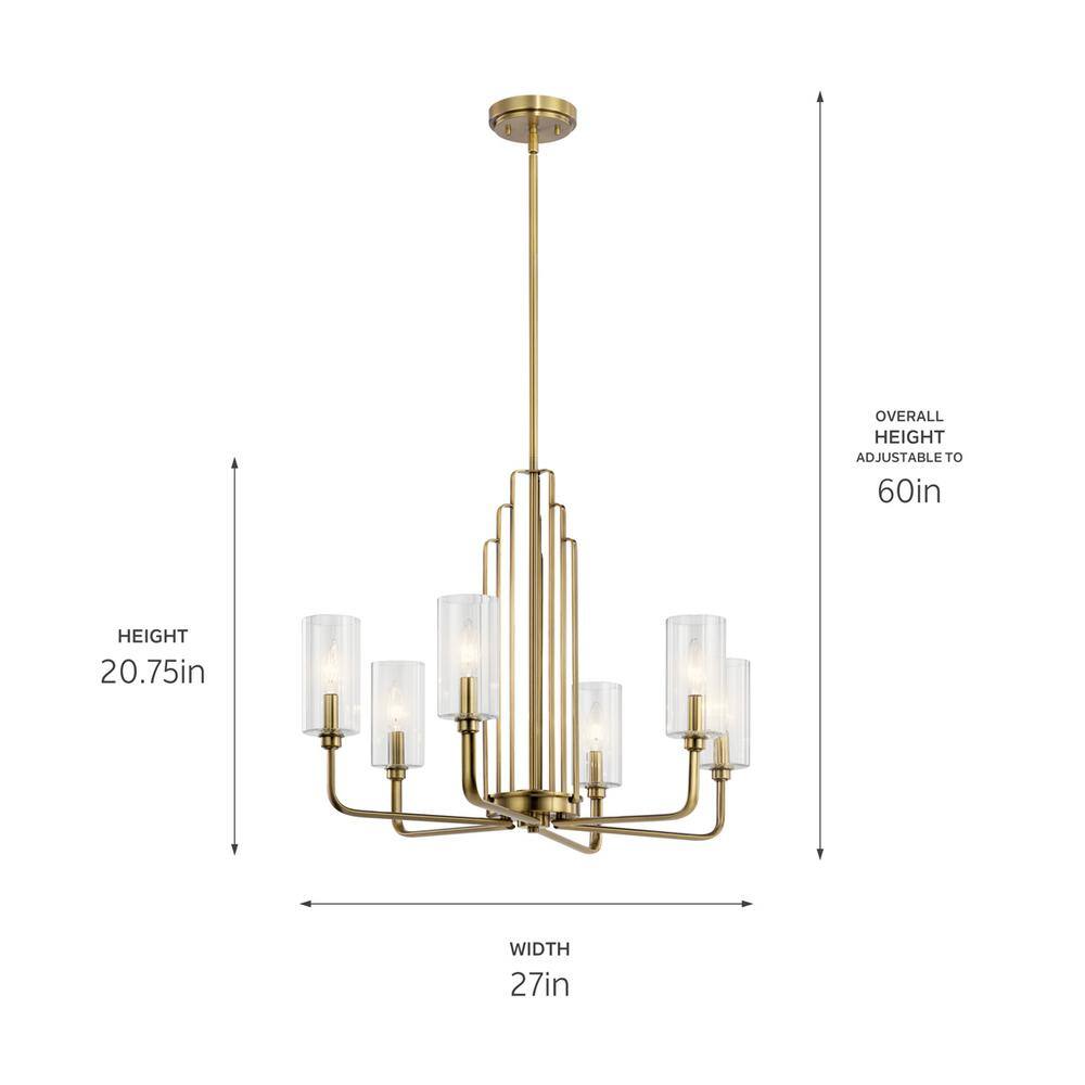 Art Deco Brushed Brass 6-Light Chandelier with Etched Clear Glass