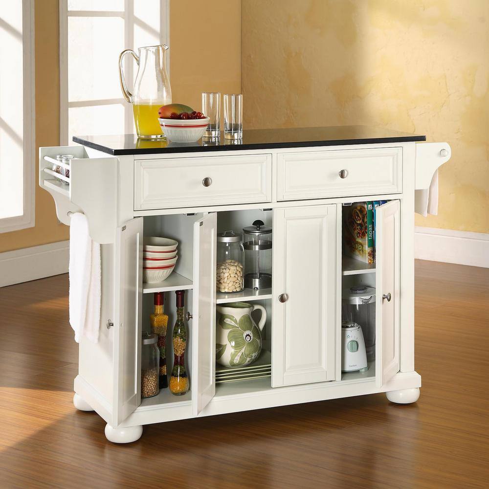 White Kitchen Island with Black Granite Top and Storage