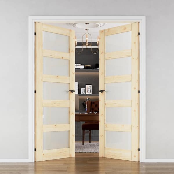 Assembly Required 60in. x 80in. 5-Lite Frosted Glass Universal Unfinished Pine French Door Kit w/Separate Jamb, Lockset