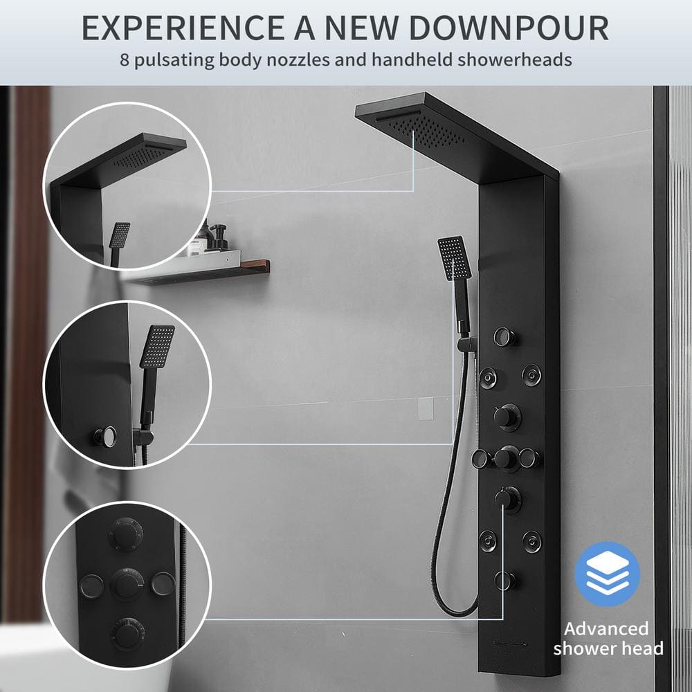 Matte Black 52'' Shower Panel with Rainfall Shower Head and Body Jets