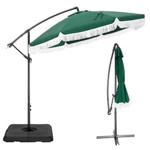 9 ft. Metal Cantilever Solar Patio Umbrella in Green With Fringe Tassel Design and Crossed Base