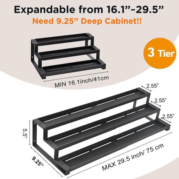 3-Tier Metal Spice Rack Organizer with Expandable for Kitchen Cabinet, Pantry, Jars and Bottles, Black (1-Pack)