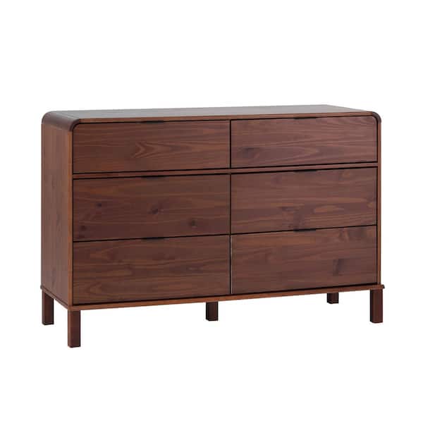 6-Drawer Brown Modern Solid Pine Wood Dresser with Metal Pulls and Curved Design