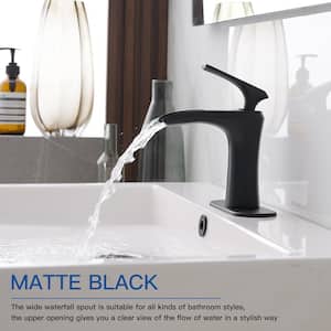 Waterfall Single Hole Single-Handle Low-Arc Bathroom Faucet With Deck Plate in Matte Black
