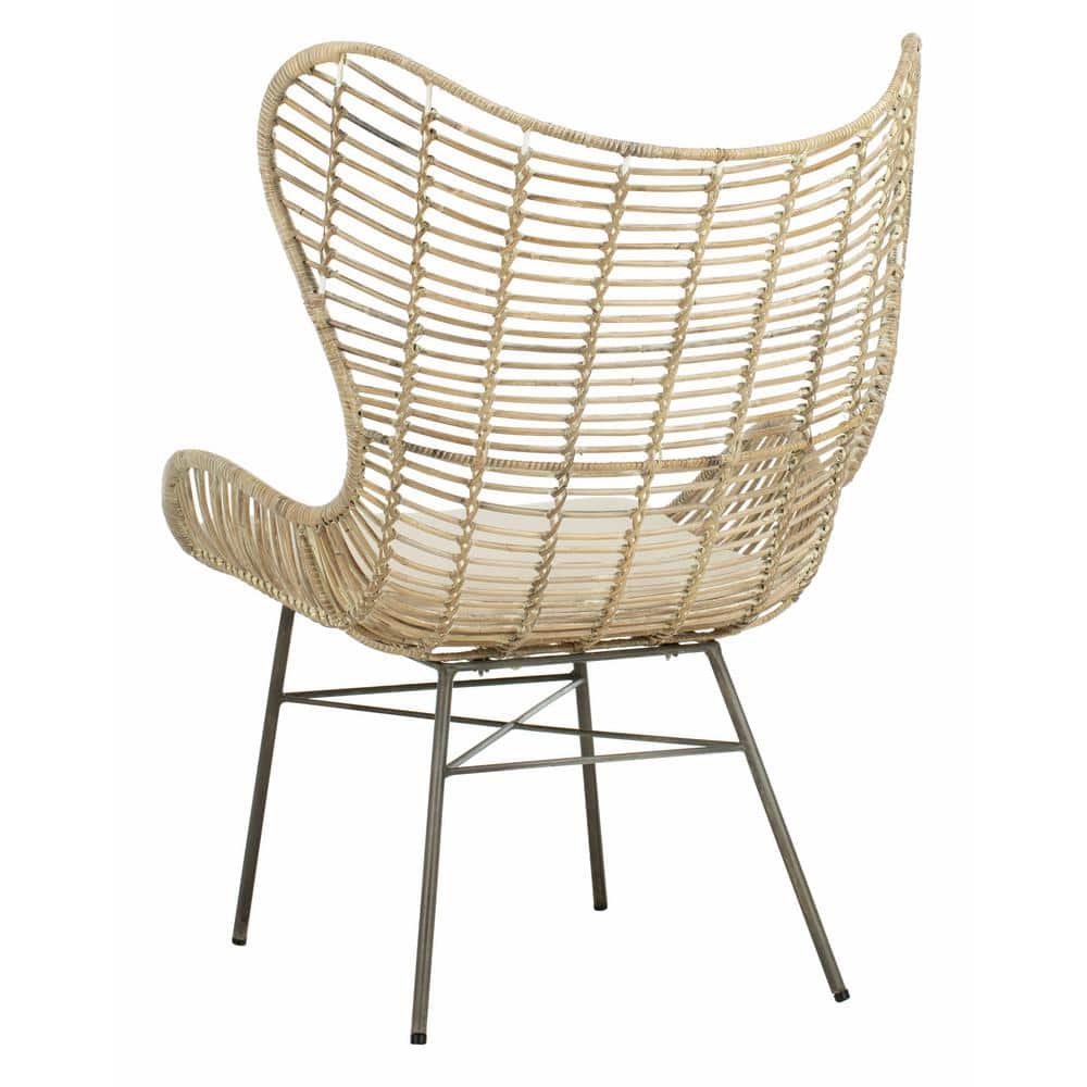 Transitional Beige Rattan Wingback Armchair with White Wash Finish