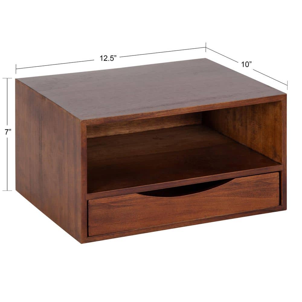 Walnut Brown Floating Wall Shelf with Drawer, 12.5" x 10" x 7"