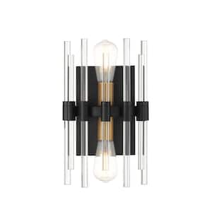 Santiago 2-Light Mate Black Wall Sconce with Warm Brass Accents